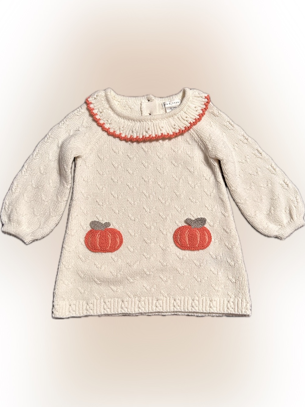 Max Studio Baby Cream Knit Cottagecore Fall Dress Orange Pumpkin Pockets 3-6m - Picture 1 of 8